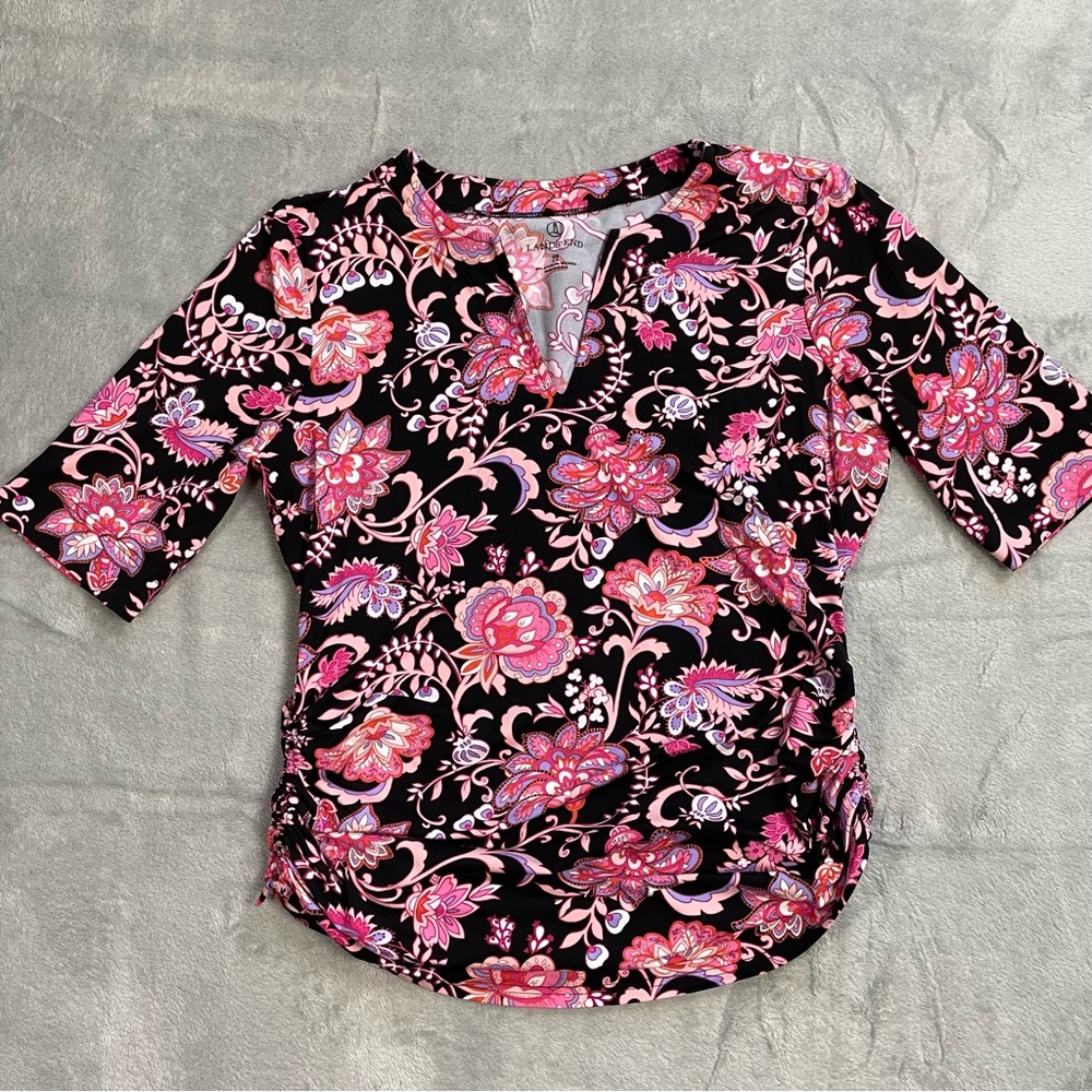 Lands End Rashguard Swim Shirt XS Womens Split Neck Elbow Sleeve Black Pink